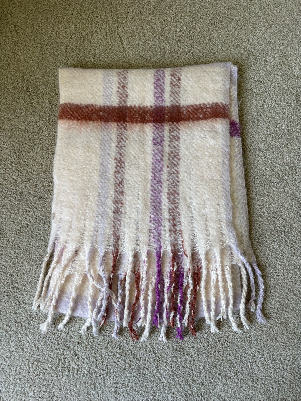 Cozy Cream Plaid Fringe Scarf